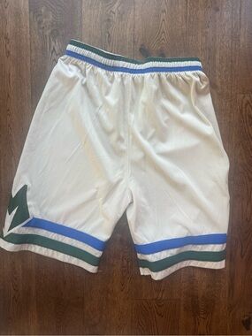 Nike Milwaukee Bucks  Ivory Athletic Shorts with Blue and Green Trim